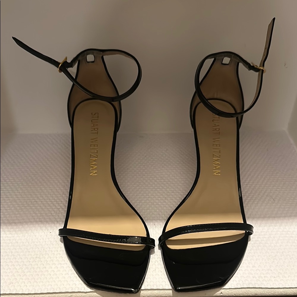Stuart Weitzman Black Strappy Sandals - Kitten Heels - Patent Leather